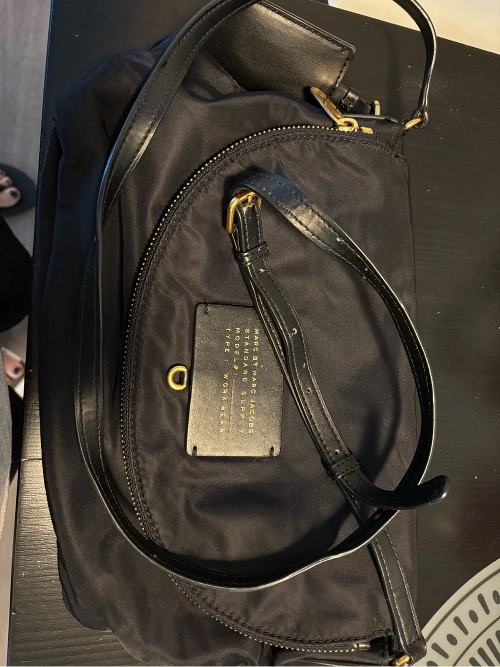 Marc Jacobs Black Nylon Messenger Bag with Gold Accents